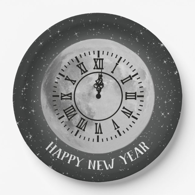 New Year Midnight Clock On Moon Paper Plate (Front)