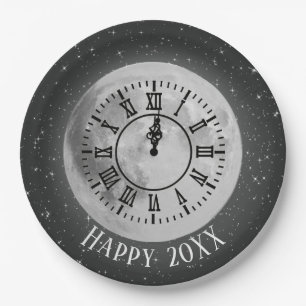 New Year Midnight Clock On Moon Paper Plate