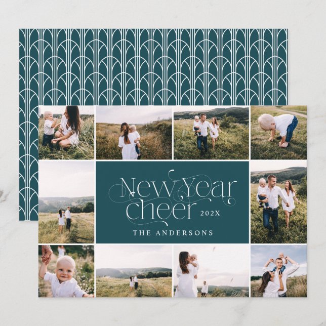 New year multi Photo elegant Art Deco modern Holiday Card (Front/Back)