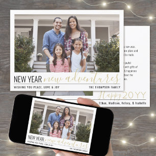 New Year New Adventures 2 Photo Modern Gold Script Holiday Card