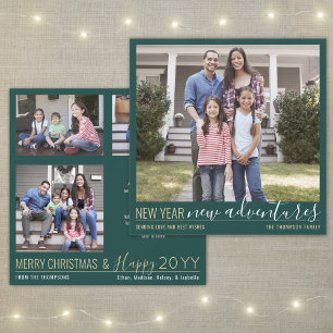 New Year New Adventures 4 Photo Modern Green Gold Holiday Card