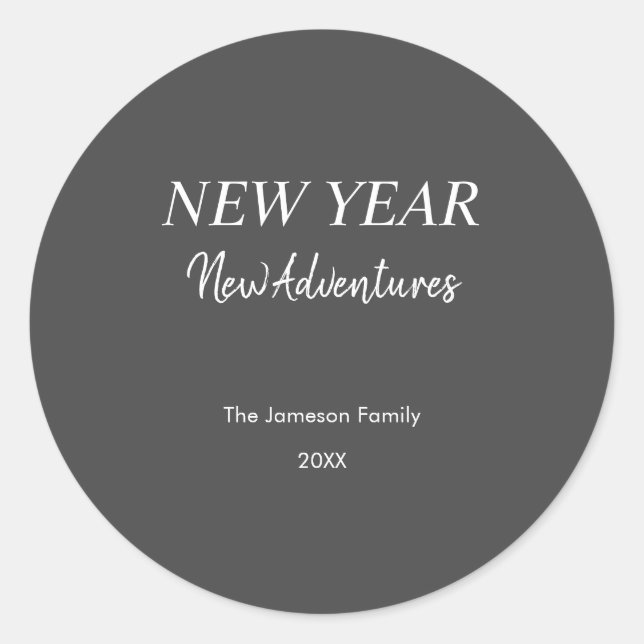 New Year New Adventures | Charcoal Gray Holiday Classic Round Sticker (Front)