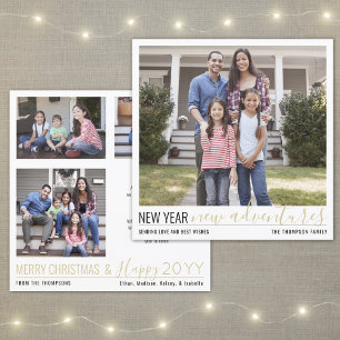 New Year New Adventures Modern 4 Photo Gold Script Holiday Card