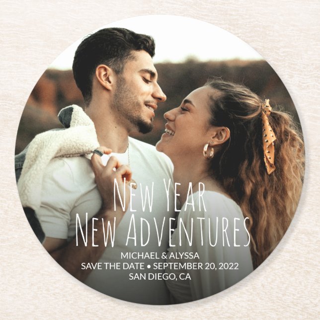 New Year New Adventures Save the date Photo  Round Paper Coaster (Front)