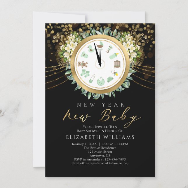 New Year New Baby Clock Gold Black Baby Shower Invitation (Front)
