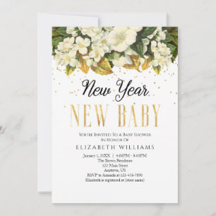 New Year New Baby Gold White Floral Baby Shower Invitation