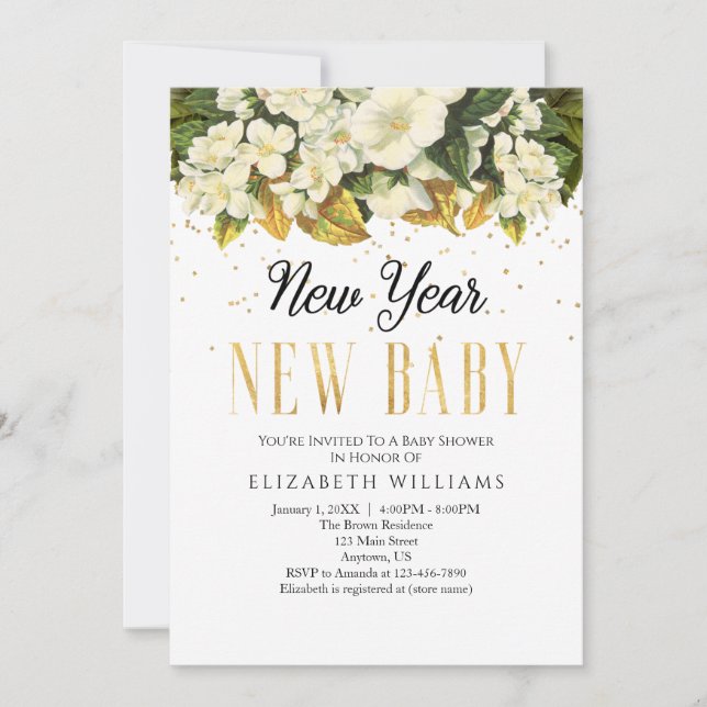 New Year New Baby Gold White Floral Baby Shower Invitation (Front)