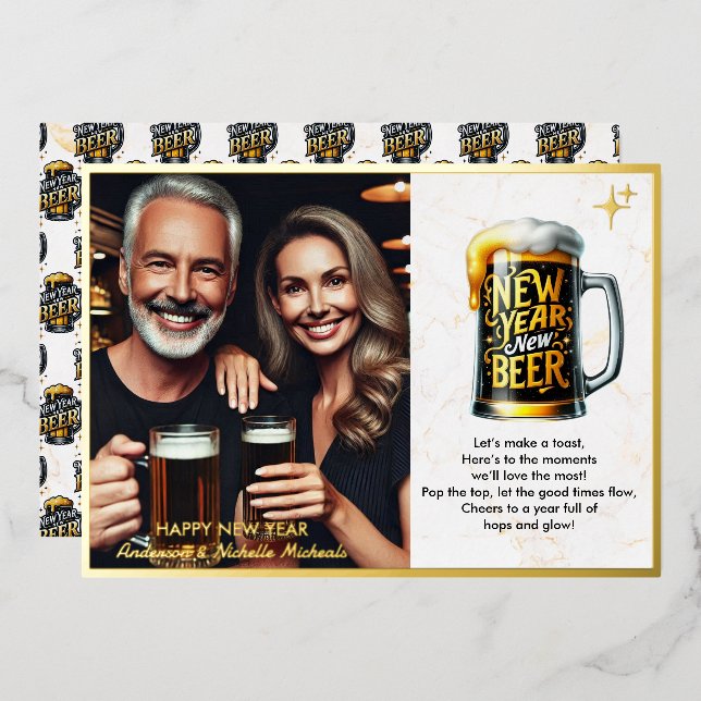 New Year New Beer Funny Photo Foil Holiday Card (Front/Back)