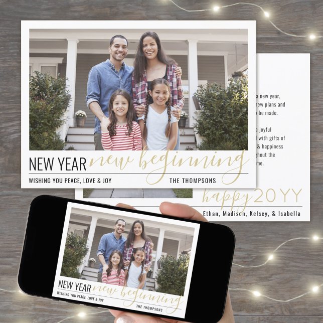 New Year New Beginning 2 Photo Modern Gold Script Holiday Card (Creator Uploaded)