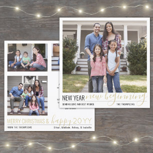 New Year New Beginning 4 Photo Modern Gold Script Holiday Card