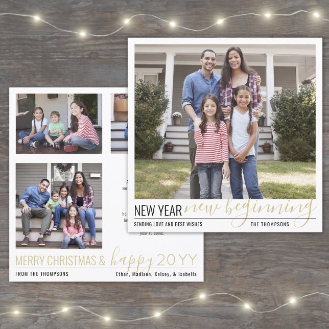 New Year New Beginning 4 Photo Modern Gold Script Holiday Card (Creator Uploaded)
