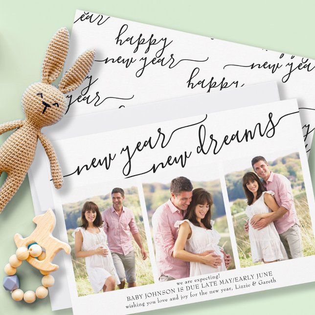 New Year New Dreams Elegant Script 3 Photo Holiday Card (Creator Uploaded)