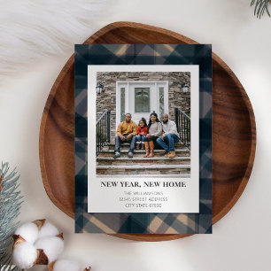 New Year New Home Address Photo Rustic Blue Plaid Holiday Card