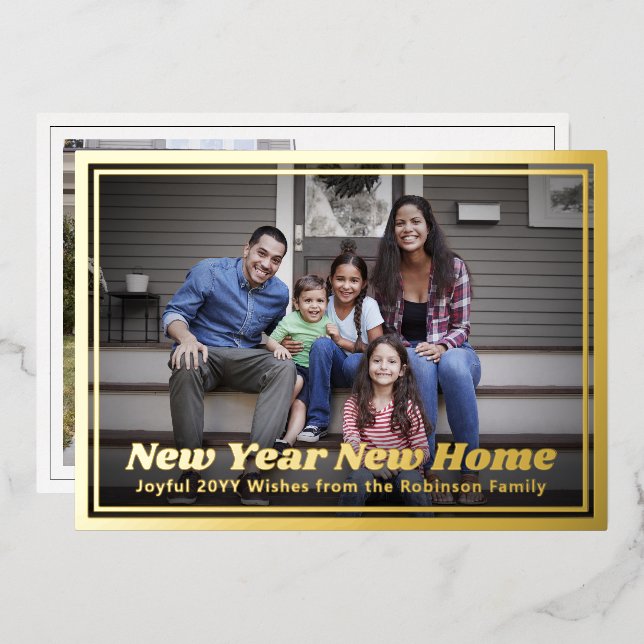 New Year New Home Change of Address 2 Photo Retro Foil Holiday Card (Front/Back)