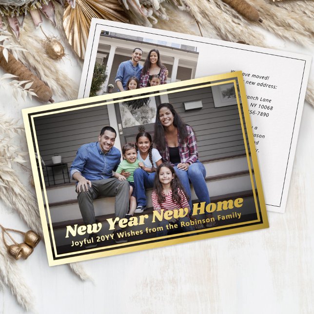 New Year New Home Change of Address 2 Photo Retro Foil Holiday Card (Creator Uploaded)