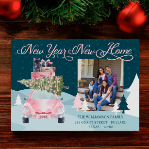New Year New Home Chic Pink Retro Car Moving Photo Holiday Card