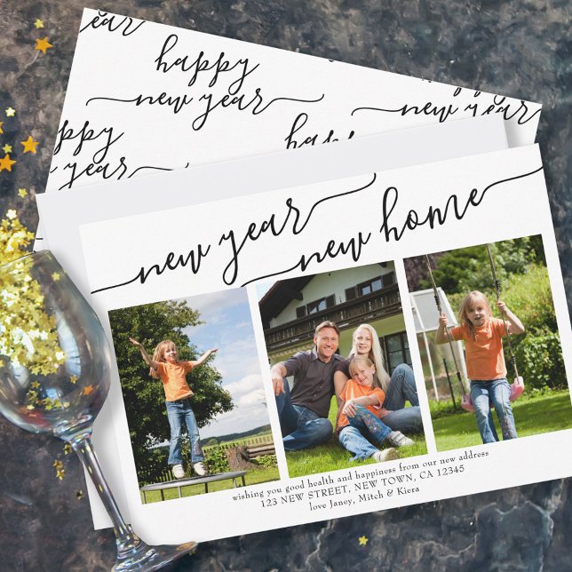 New Year New Home Elegant Script 3 Photo Holiday Card (Creator Uploaded)