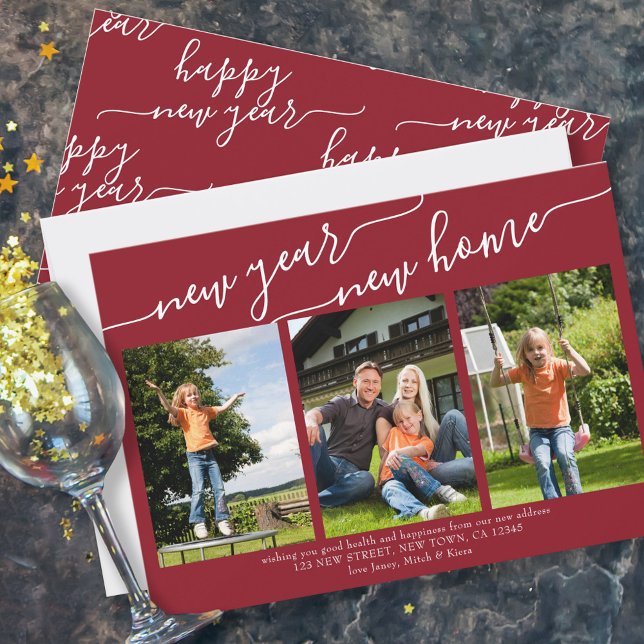 New Year New Home Elegant Script 3 Photo Red Holiday Card (Creator Uploaded)