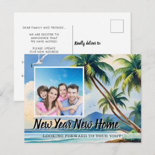 New Year New Home Photo Coastal Palm Trees Moving Announcement Postcard