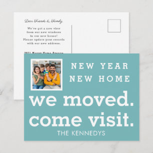 New Year New Home We Moved Photo Family Name Teal Announcement Postcard