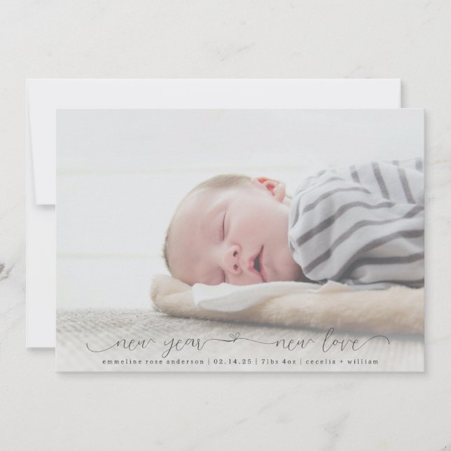 New Year New Love Script Photo Birth Announcement (Front)