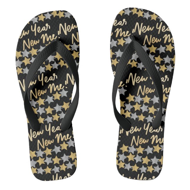 New Year New Me,Happy New Year 2023 Festive Black  Flip Flops (Footbed)
