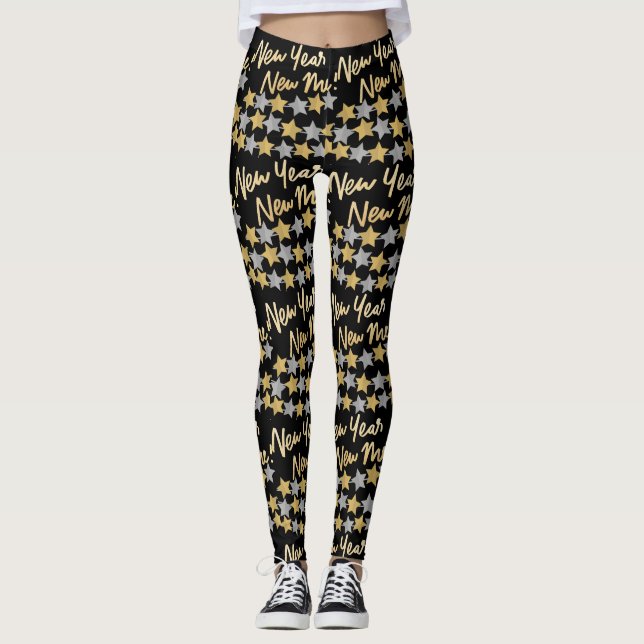New Year New Me, Happy New Year 2024 Stylish Black Leggings (Front)