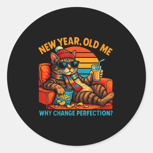 New Year Old Me Funny Cat Retro Lazy Meme Gift  Classic Round Sticker (Front)
