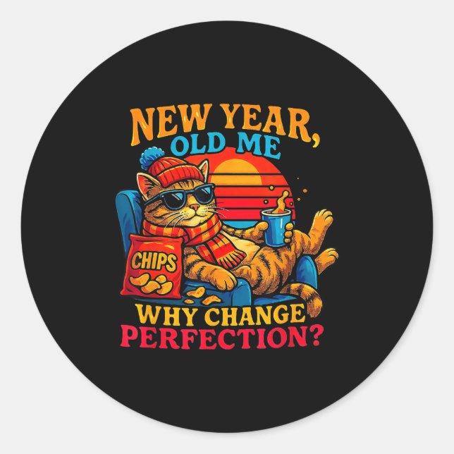 New Year Old Me Funny Cat Retro Lazy Meme Gift  Classic Round Sticker (Front)