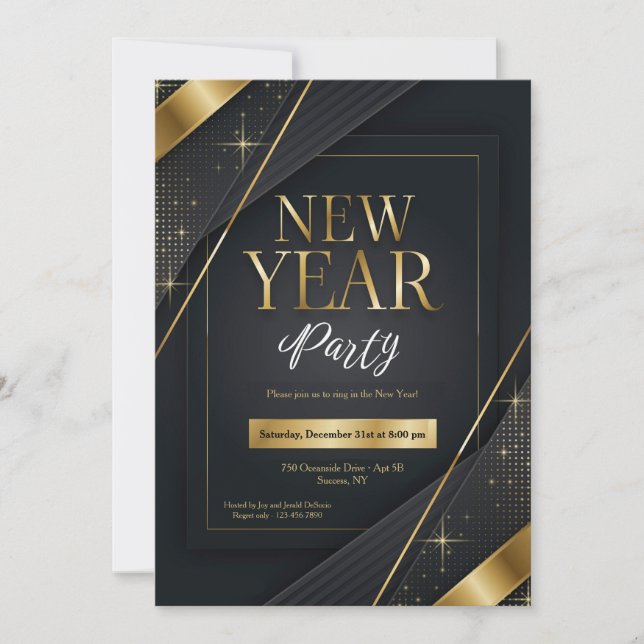 New Year Party Invitation Black and Gold (Front)