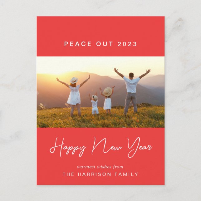 New Year Peace Out 2022 Photos Modern Red Holiday Postcard (Front)