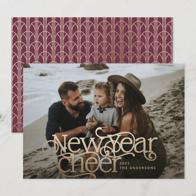 New year Photo Art Deco typography burgundy gold Holiday Card (Front/Back)