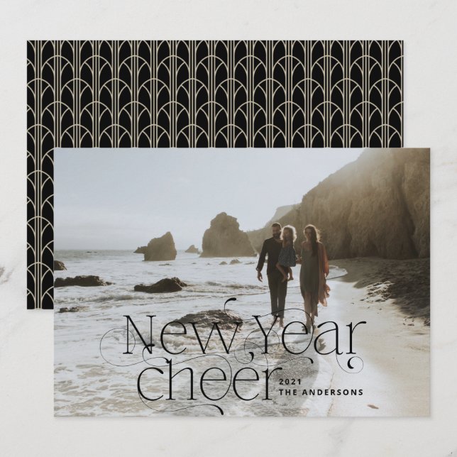 New year Photo elegant Art Deco typography black Holiday Card (Front/Back)