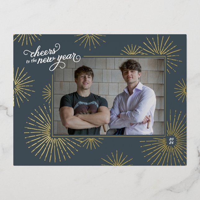 New Year Photo & Fireworks Holiday Foil Postcard (Front)