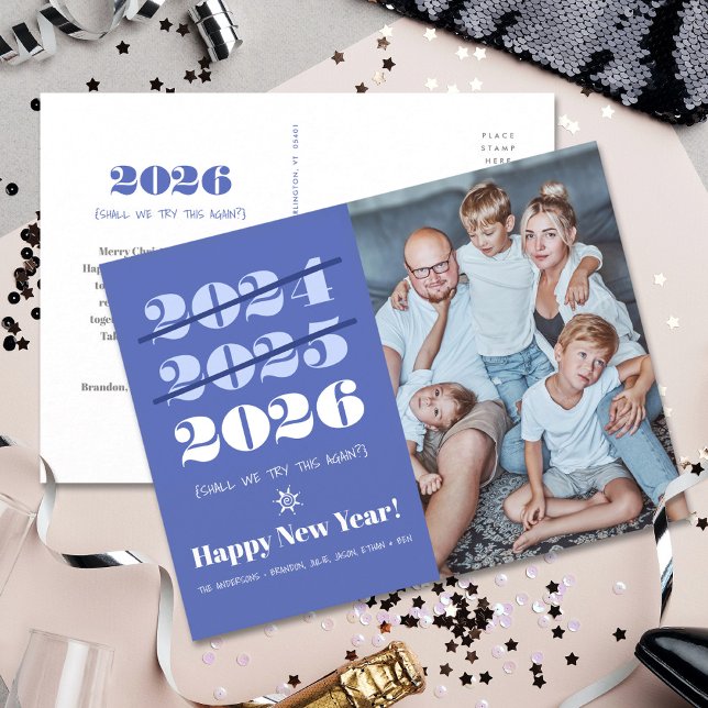 New Year Photo Funny 3rd Time a Charm Modern Blue Holiday Postcard (Creator Uploaded)