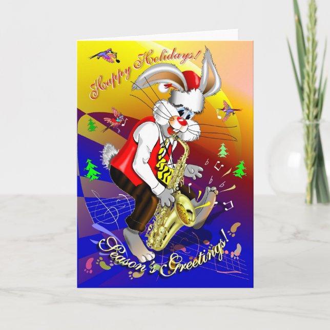 New Year- Rabbit, Rabbit on Saxophone, Chinese new Holiday Card (Front)