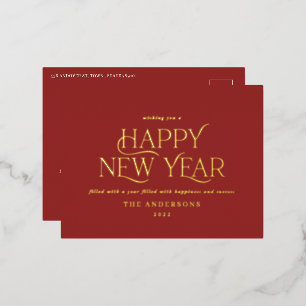 New year red elegant minimal modern traditional foil holiday postcard