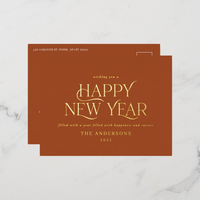 New year rust elegant minimal modern traditional foil holiday postcard (Front/Back)