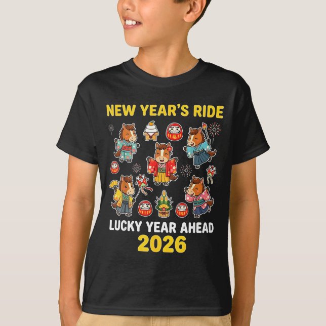 New Year’s Ride 2026 Cute Zodiac Celebration Graph T-Shirt (Front)