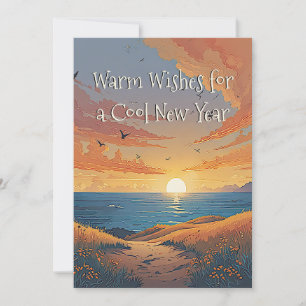 New Year’s Wishes: Golden Sunset & Blue Sea Holiday Card