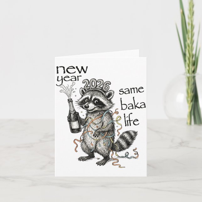 New Year Same Baka Life Funny Raccoon New Year's E Card (Front)