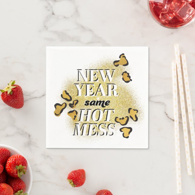 New Year Same Hot Mess Funny Gold Glitter Leopard Napkin (Insitu)