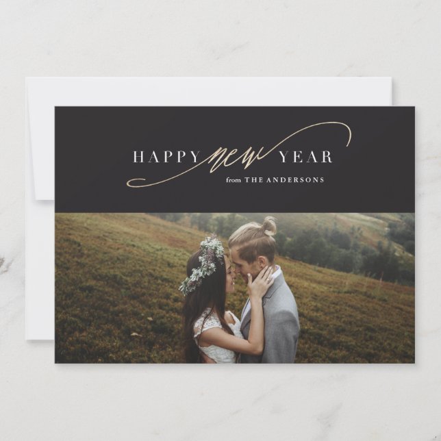 New Year Script Faux Gold Holiday Photo Card (Front)