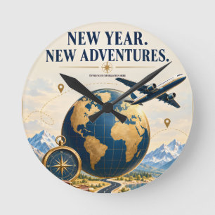 New Year Travel Celebration with Passport Map Round Clock