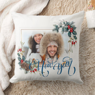 New Year Winter Photo in Blue Style Throw Pillow