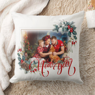 New Year Winter Photo in Red Style Throw Pillow