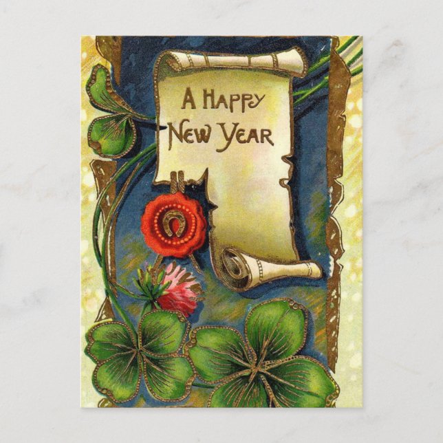 New Year With Four Leaf Clover Holiday Postcard (Front)