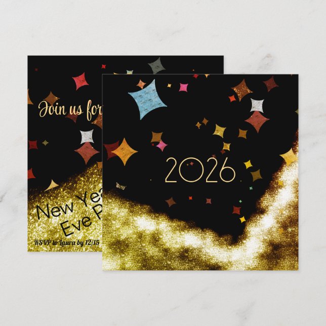 new year with gold & confettis invitation ( 2026 ) (Front/Back)