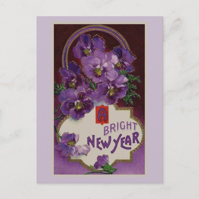 New Year With Purple Flowers Holiday Postcard (Front)