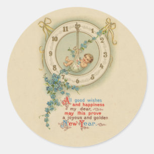 New Years Baby Vintage Clock Classic Round Sticker